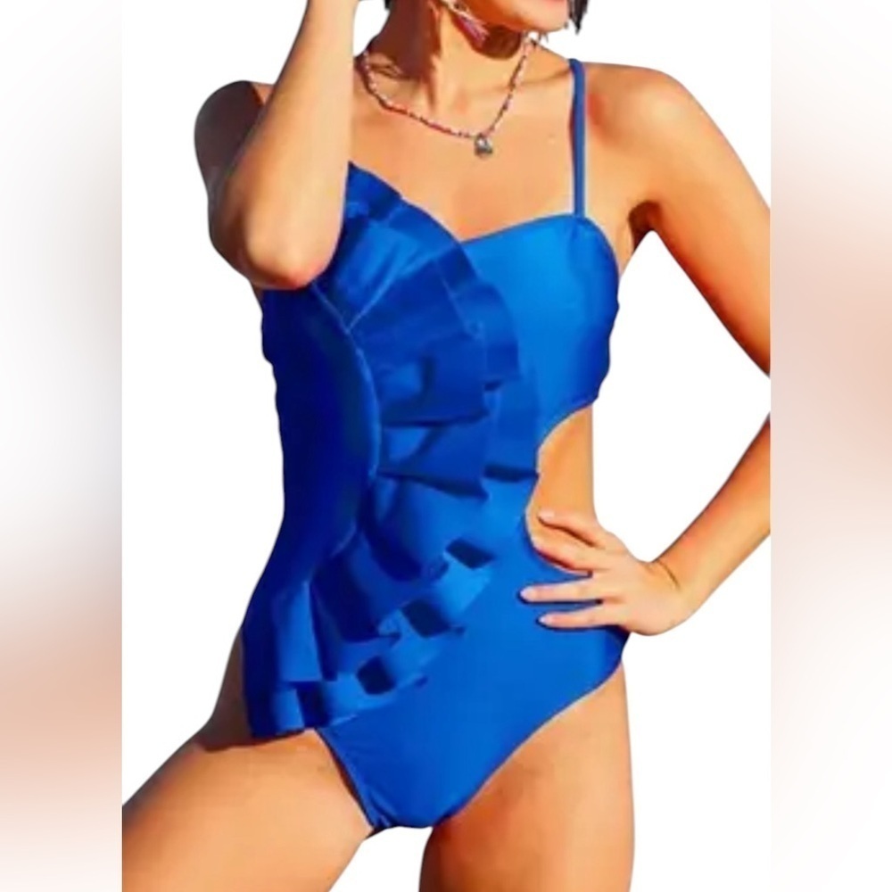 sporlike Blue Ruffled One-Piece Swimsuit Size Medium